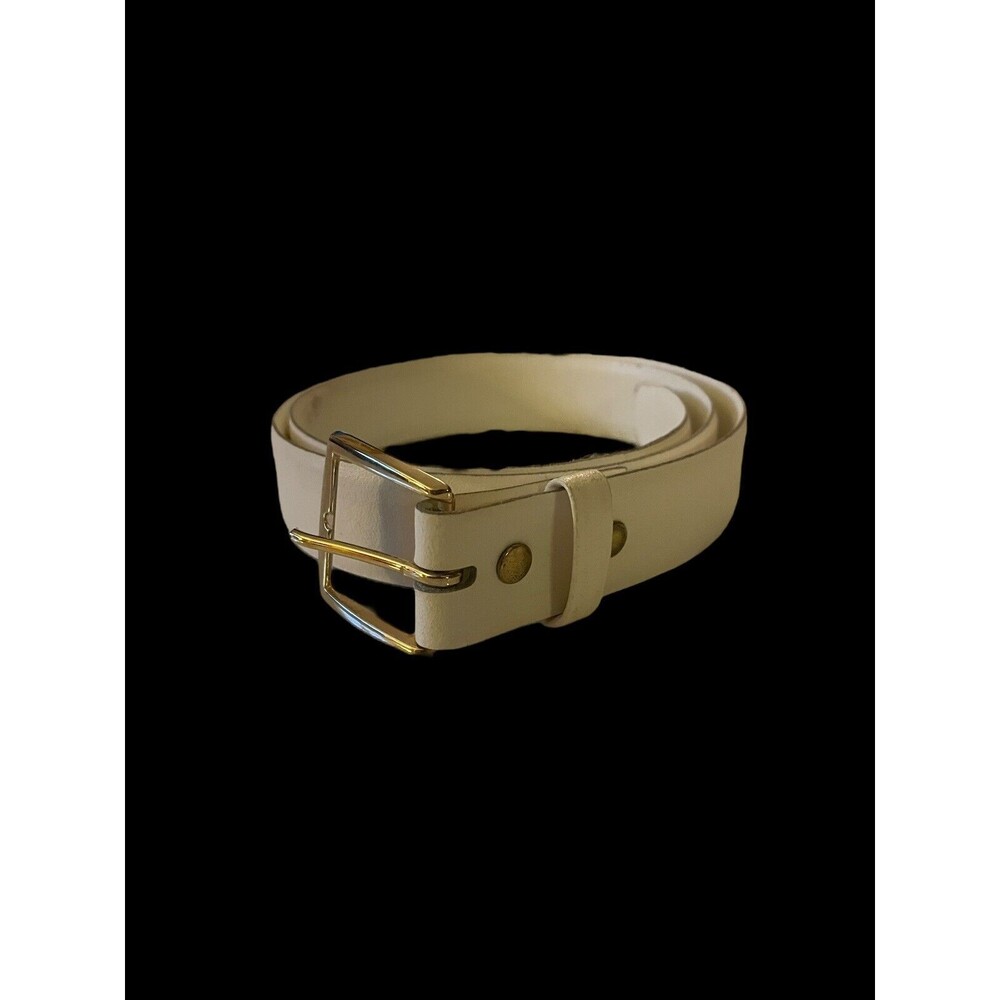 VTG White Leather Belt Size 34 With Gold Tone Buckle